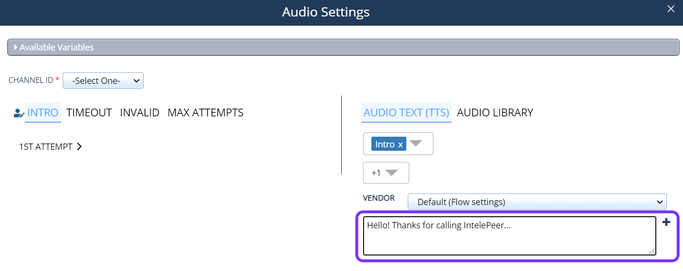 The Audio Settings pop-up window with sample text-to-speech input added to the highlighted text box